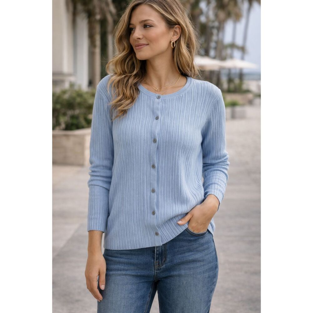 Future Collective Blue Ribbed Cardigan NWT Button Front Soft Minimal Clean Girl